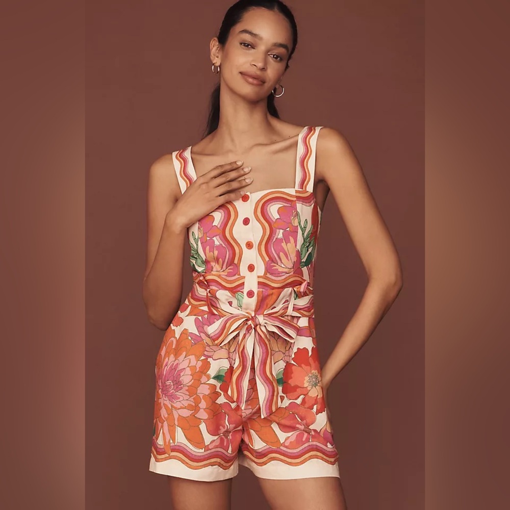 Farm Rio Spring Affair Linen-Blend Sleeveless Square-Neck Romper